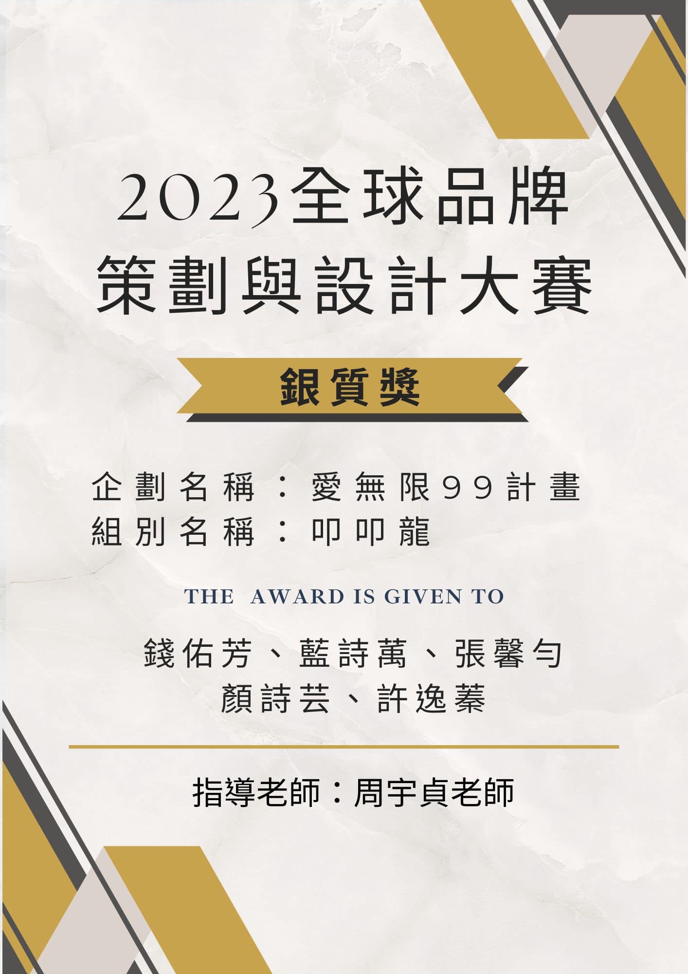 Featured image for “【狂賀】企管系同學榮獲「2023全球品牌策劃與設計大賽」銀質獎”